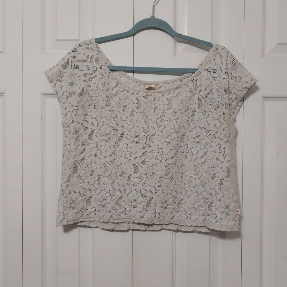 Hollister Light Gray Lace Crochet Crop Top Large Off The Shoulder Boho Festival